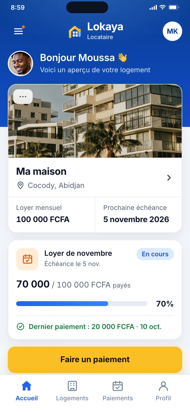 Écran d’accueil de l’app Lokaya Locataire